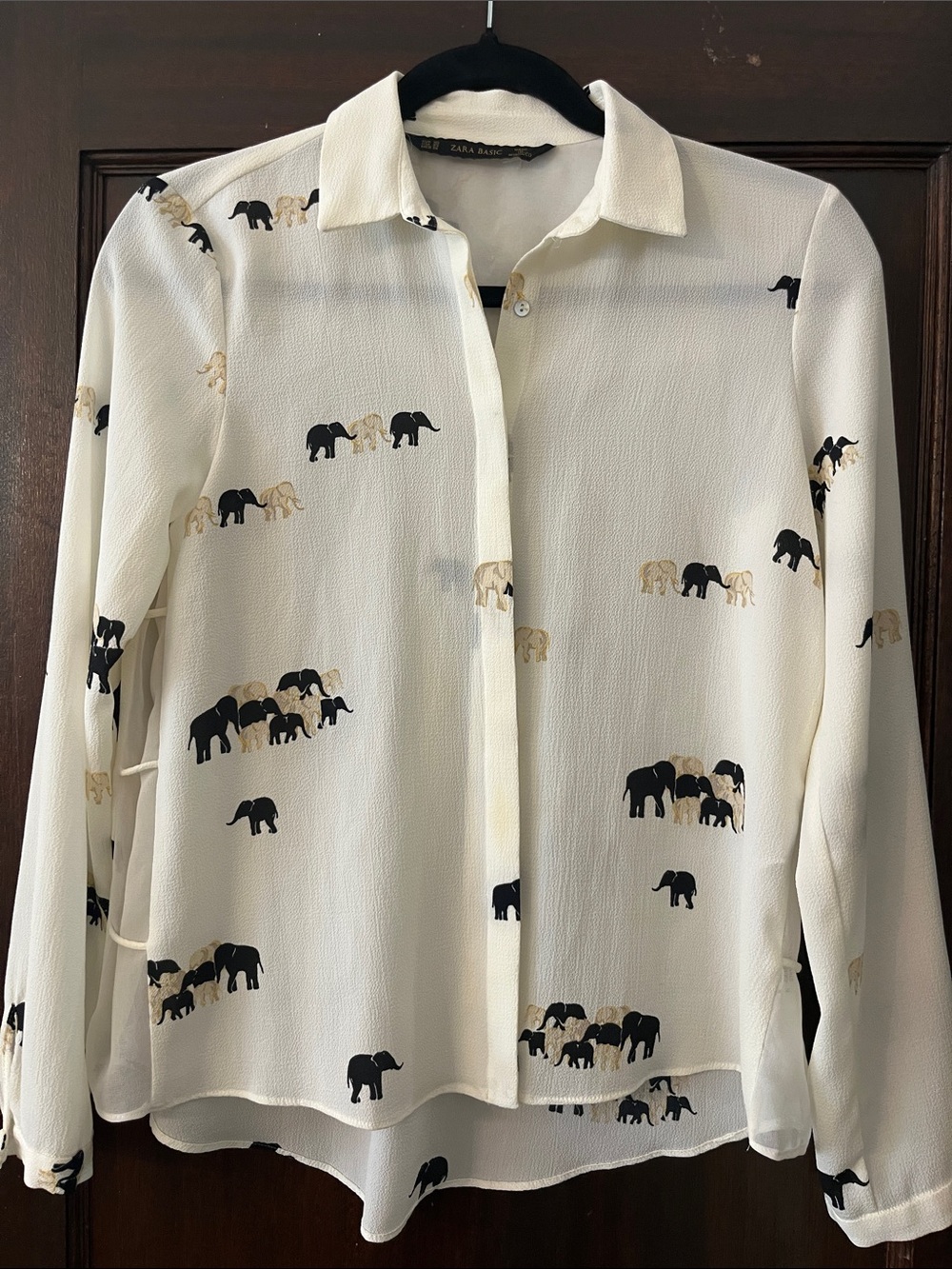 Zara Ivory Blouse with Black and Tan Elephant Print